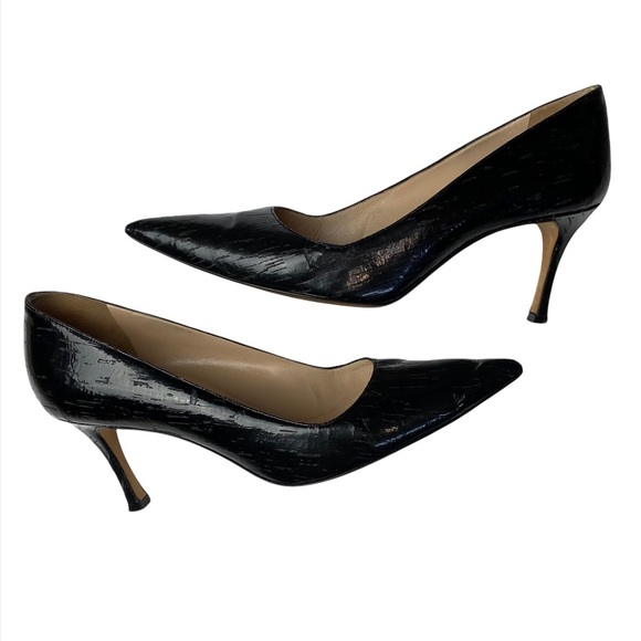 Manolo Blahnik Textured Black Patent Pointed Toe 3” Heel Leather Pumps Size 39 - Picture 12 of 16